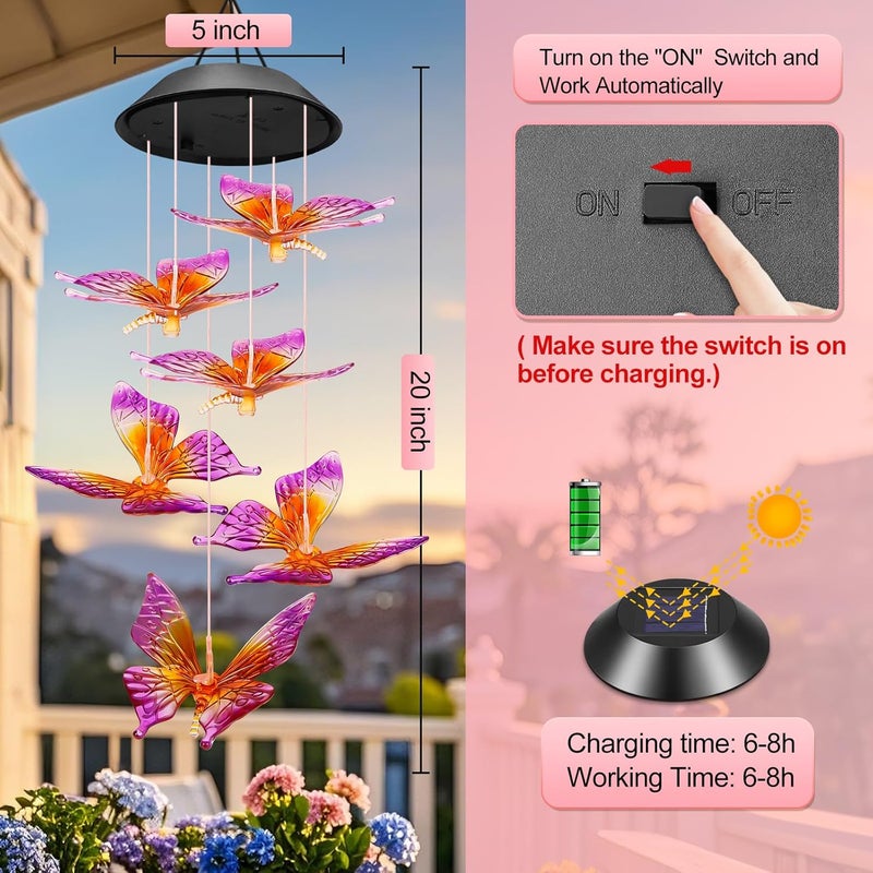 Winzwon Valentines Day Gifts for Her Mom Grandma, Birthday Gardening Gifts for Women, Solar Lights Outdoor Wind Chimes for Garden Yard Patio Porch Decor Hanging Butterfly Decorations - Image 5